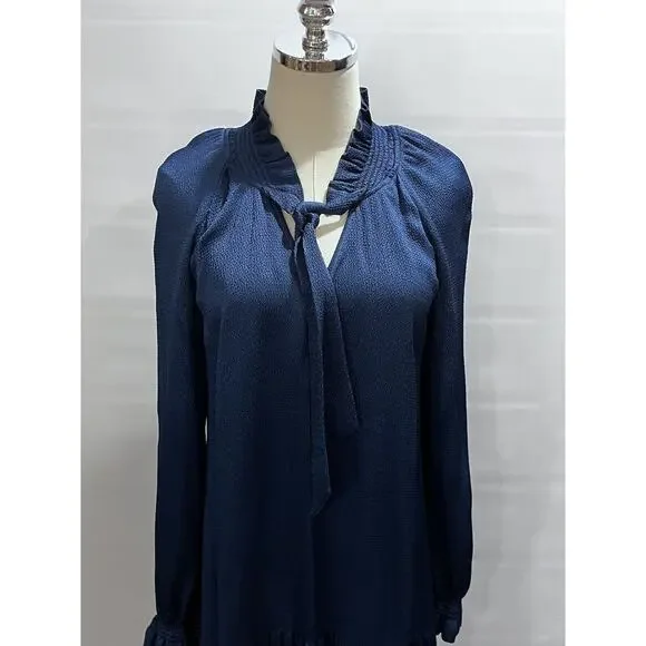 Sandro Paris V-Neck Blue Shift Dress‎ Neck Tie Long Sleeve Sz 36/US Sm - Picture 3 of 12